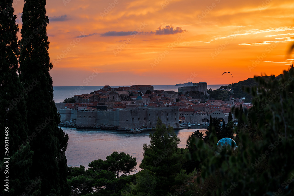Amazing sunset over the citadel next to the sea in Dubrovnik Croatia