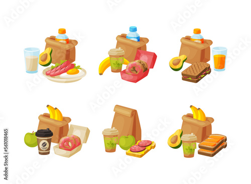 Lunch paper bags set. Takeaway cup of coffee, fruit, dunut and sandwich in brown paper bag cartoon vector illustration