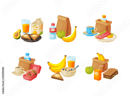 Lunch paper bags set. Takeaway cup of coffee, fruit, sausage and sandwich in brown paper bag cartoon vector illustration