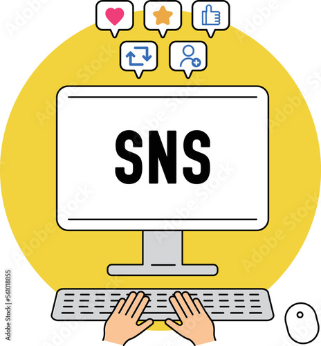 computer icon. Enjoy SNS. Communication between online users. Internet addiction. social problem.