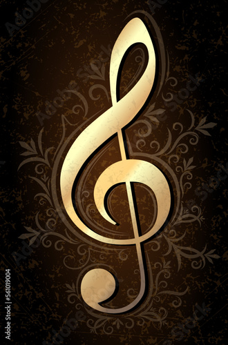 Abstract musical background with gold treble clef on a vintage style background.