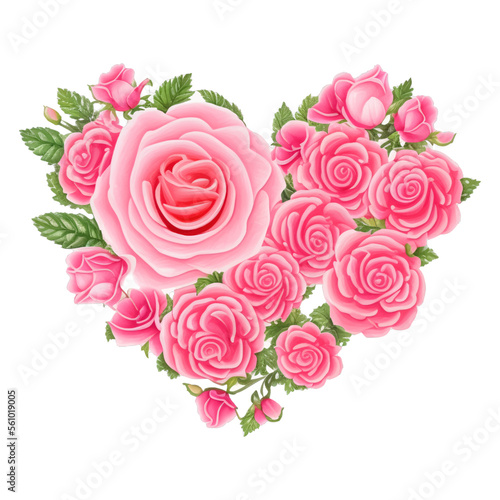 pink rose with love shape drawn digital painting watercolor illustration