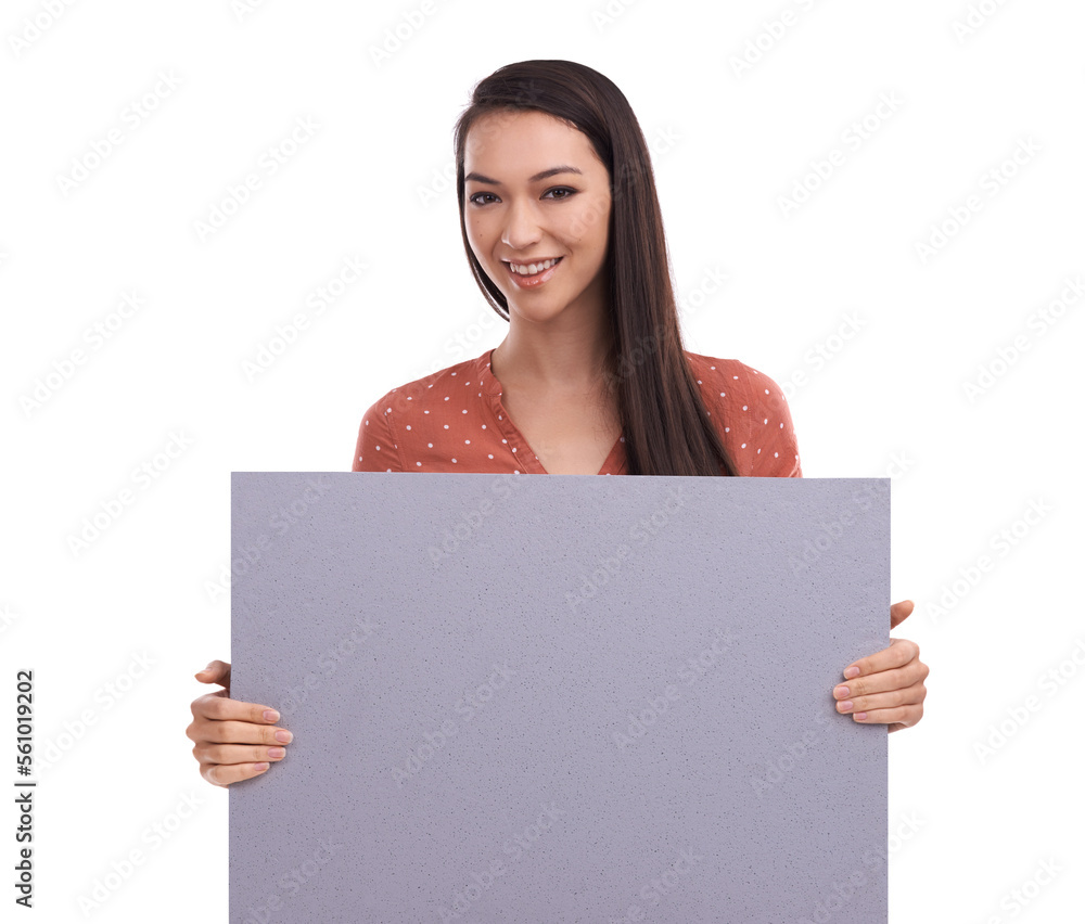 Marketing mockup, portrait and woman with poster, placard or billboard for promotion, advertising or product placement. Sign, banner space and sales model girl with studio mock up on white background Marketing mockup, portrait and woman with poster, placard or billboard for promotion, advertising or product placement. Sign, banner space and sales model girl with studio mock up on white background