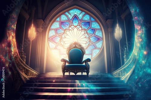 Photographie illustration of throne hall with light shine over throne through ornate stained