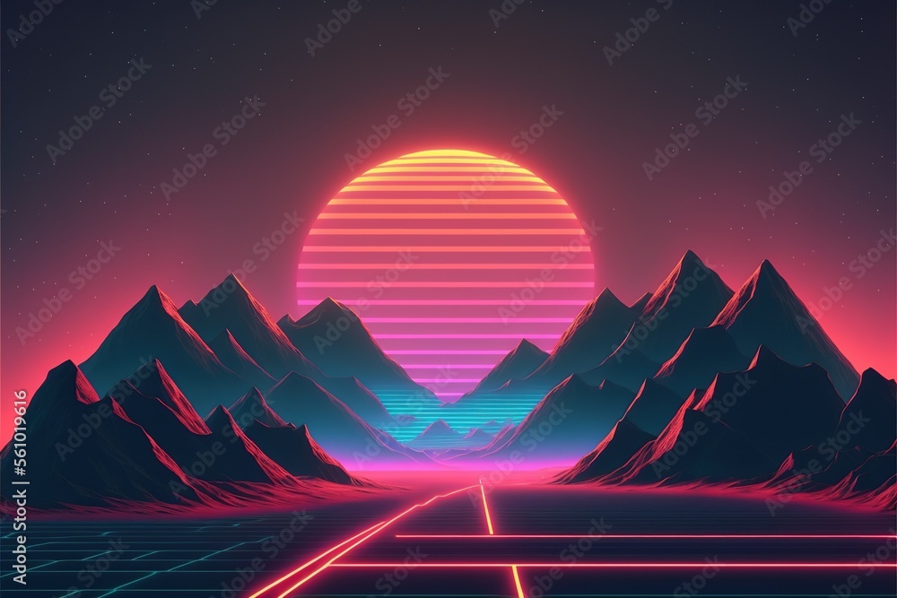 ai generated, Retro futuristic synthwave retrowave styled night cityscape with sunset on background