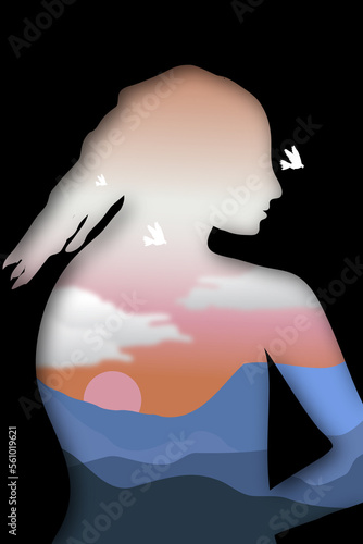The shape of a woman frames the image of a landscape featuring mountains, sun, and sky in a surreal illustration.