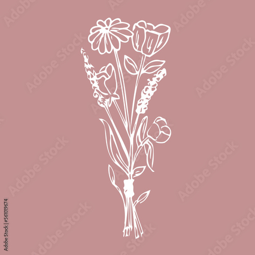 Floral bouquet. Hand drawn wedding branch herb, minimalist flowers with elegant leaves for invitation. Botanical rustic trendy greenery vector