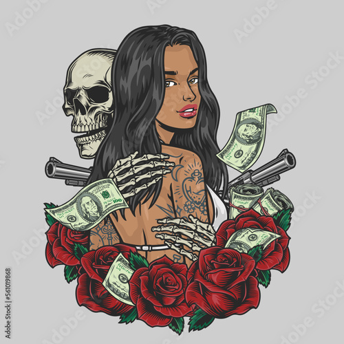 Girl and skeleton colorful emblem