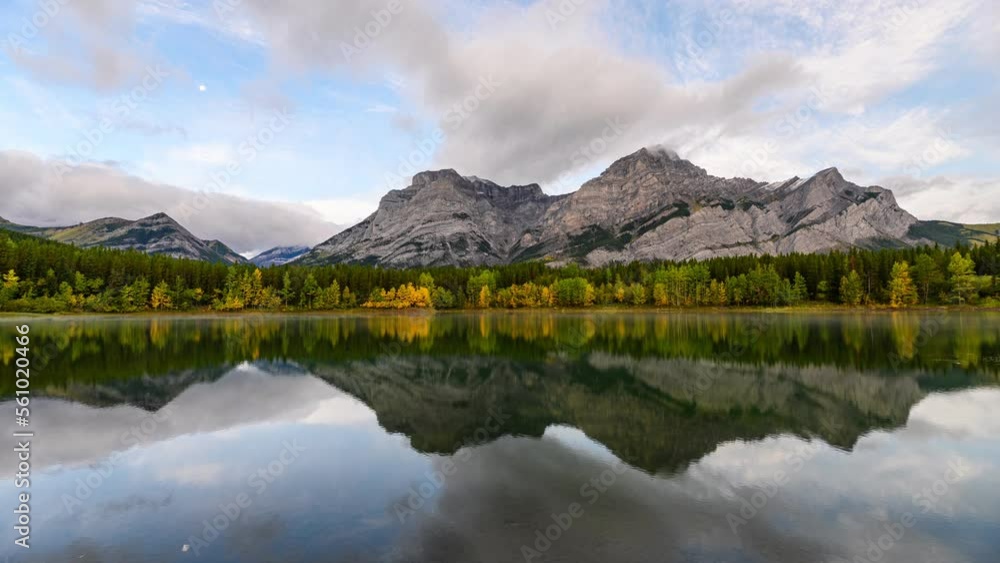 Wedge pond with rocky mountains and pine forest in autumn season at Kananaskis country Wedge pond with rocky mountains and pine forest in autumn season at Kananaskis country
