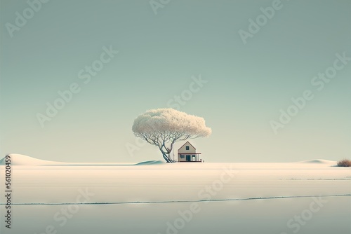 paysage minimaliste avec un arbre et une maison, image vectorielle, arrière-plan