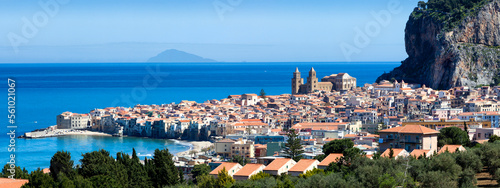 Cefalù, Palermo. Veduta della cittadina con la cattedrale e la Rocca photo
