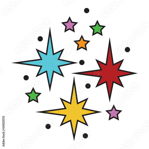 A set of cartoon colorful vector illustrations of stars isolated on a white background.