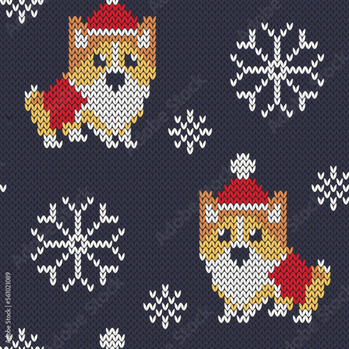 Corgi dog Santa Claus jacquard knitted seamless pattern for socks or sweatshirt design. Trendy 8 bit game style. Vector illustration.	