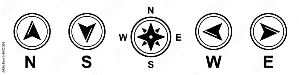 Compass icons set. Map symbol. Monochrome navigational compass with