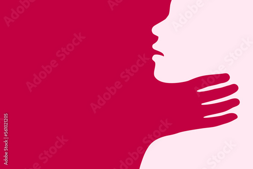 Abuse concept with hand strangling and choking the neck of a female victim. Woman and head silhouette, profile and face outline with scared expression.