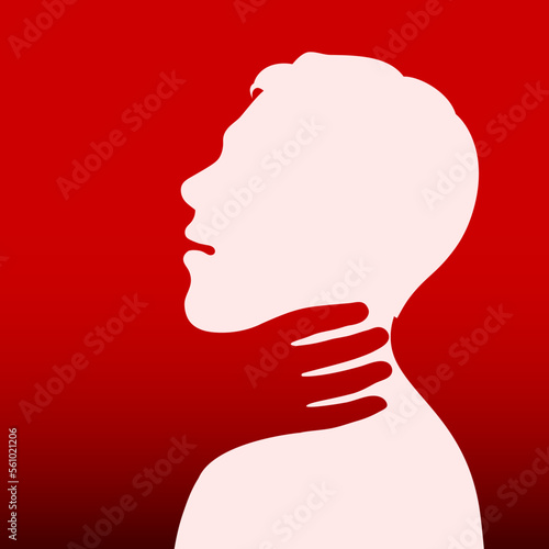 Abuse, violence, bullying concept. Silhouette of a person being strangled. Hand strangling the neck of a victim, physical attack. Head, face and expression showing pain, despair, felling scared.