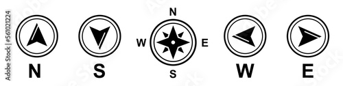 Compass icons set. Map symbol. Monochrome navigational compass with cardinal directions. North, south, east and west. Geographical position. Vector illustration.