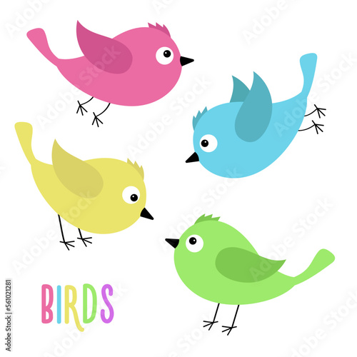 Bird icon set. Cute kawaii cartoon funny baby character. Birds collection. Flying animal. Decoration element. Colorful sticker print. Flat design. Isolated. White background.