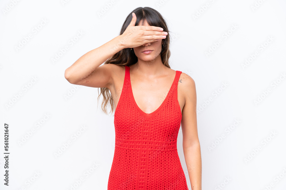 Young caucasian woman isolated on white background covering eyes by hands. Do not want to see something Young caucasian woman isolated on white background covering eyes by hands. Do not want to see something