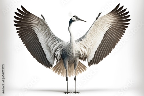 Billede på lærred Grey white crane bird with long beak wide spread wings isolated on white