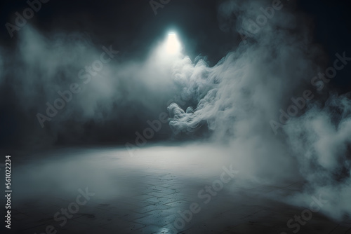 Real smoke or fog with a light in a dark empty room. Dramatic smoke or fog effect realistic for spooky Halloween