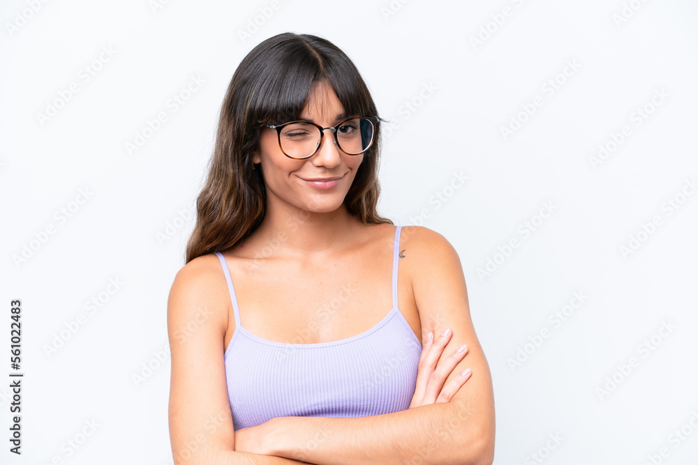 Young caucasian woman over isolated background With glasses and happy expression Young caucasian woman over isolated background With glasses and happy expression
