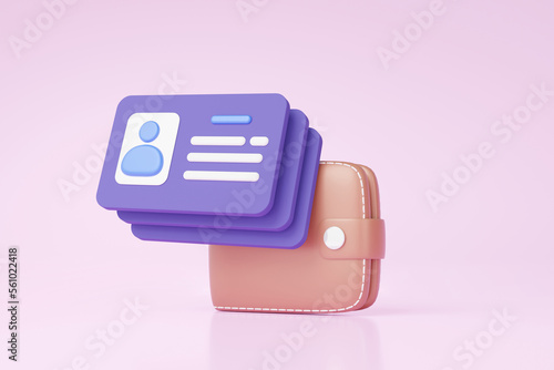3D Id card into wallet floating on pink background. personal badge, profile name, human resources, driver license, national, staff company, verify identity concept, identification. 3d rendering