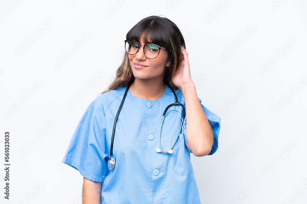 Young caucasian nurse woman isolated on white background having doubts Young caucasian nurse woman isolated on white background having doubts