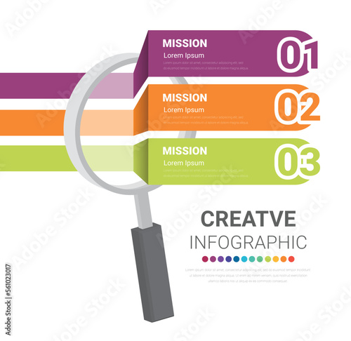 Infographic With Magnifying Glass for Global Business And Financial, element with 3 steps, options, parts, processes.
