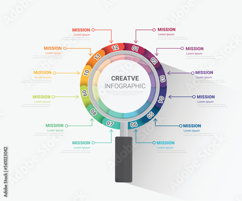 Magnifying glass, Simple infographic 12 step design template. Problem analyzing and searching for answer concept.