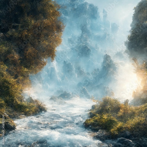 beautiful, fabulous landscape of forests, mountains and clouds, fantasy, ai