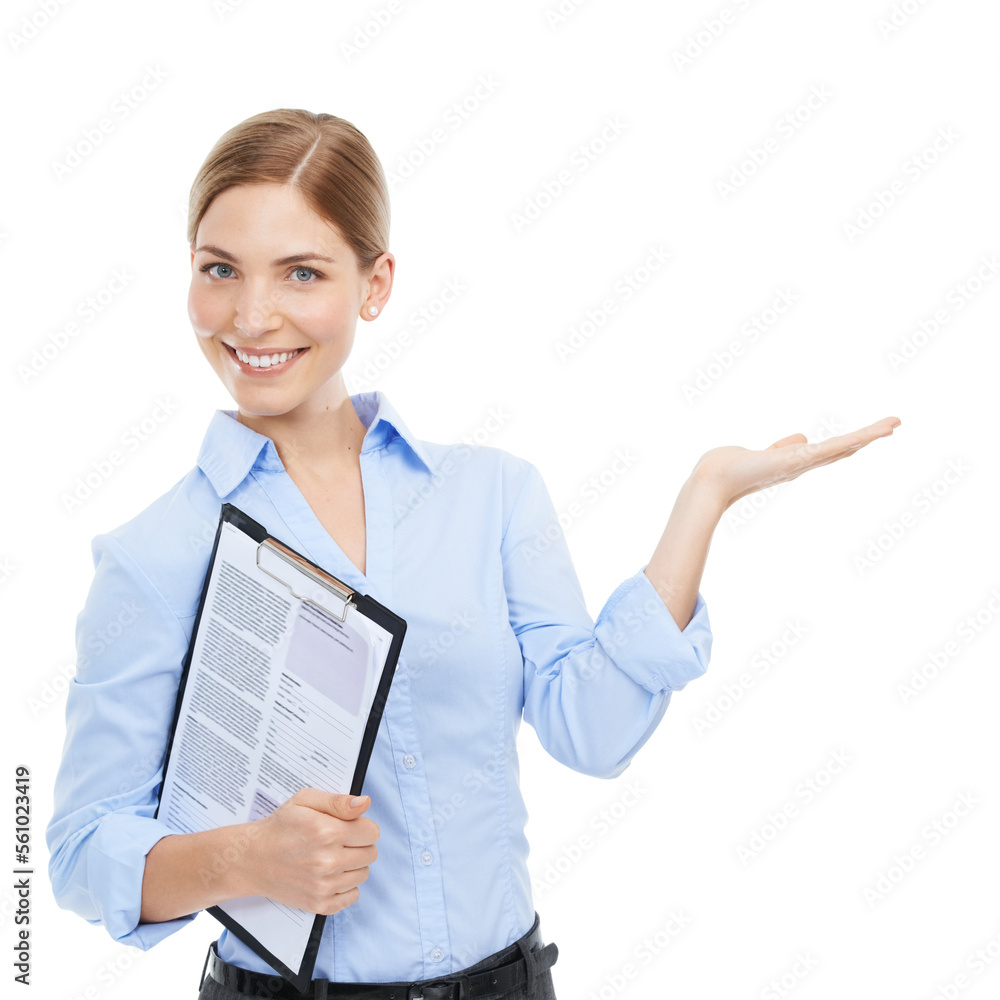Business woman, portrait or hand clipboard in contract promotion, recruitment advertising or palm brand marketing. Smile, happy worker or hr manager showing mock up space on isolated white background Business woman, portrait or hand clipboard in contract promotion, recruitment advertising or palm brand marketing. Smile, happy worker or hr manager showing mock up space on isolated white background