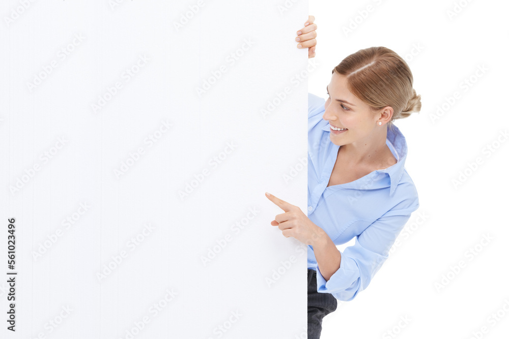 News, announcement and businesswoman with blank sign, mockup and product placement isolated on white background. Advertising, marketing and body portrait of happy woman with poster board and smile. News, announcement and businesswoman with blank sign, mockup and product placement isolated on white background. Advertising, marketing and body portrait of happy woman with poster board and smile.