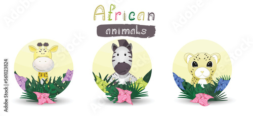 Cute little African desert animals with flowers collection