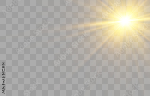 Glow light effect  Bright sun. Vector transparent sunlight  special flash light effect. Sun or spotlight beams. Bright flash. Light PNG. Decor element isolated on transparent background.