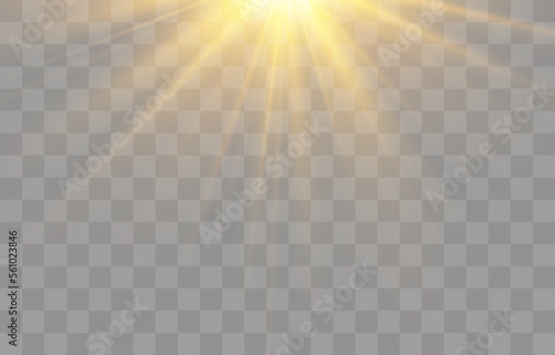 Glow light effect, Bright sun. Vector transparent sunlight, special flash light effect. Sun or spotlight beams. Bright flash. Light PNG. Decor element isolated on transparent background.