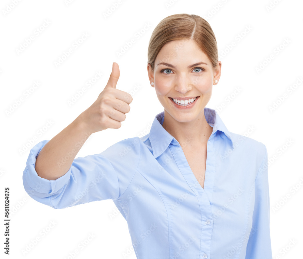 Thumbs up, hand sign portrait of a woman happy about winning, deal and thank you for support or approval. Face of female with emoji for yes, sale or discount with smile isolated on white background Thumbs up, hand sign portrait of a woman happy about winning, deal and thank you for support or approval. Face of female with emoji for yes, sale or discount with smile isolated on white background