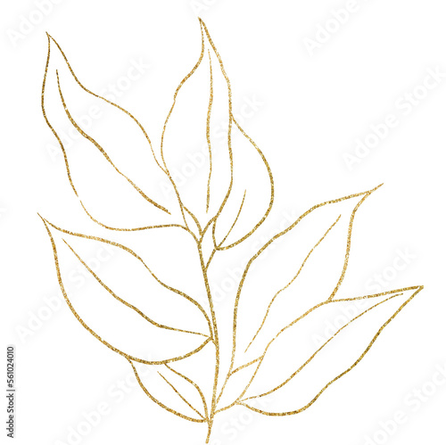 Golden outlines botanical sparkling leaves illustration  wedding design single element