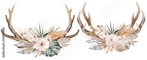 Fotografi Watercolor deer antlers with with tropical leaves and flowers bouquet, Boho Wed