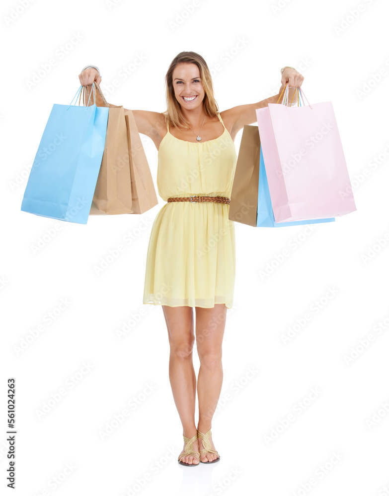 Shopping bag, studio and happy woman show wealth for marketing sale, promotion discount or deal. Shopping, excited and rich customer with offer, gift or present on white background or mockup space