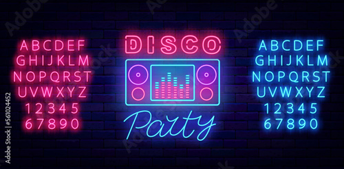 Disco party neon label. Announcement template. Music player. Glowing blue and pink alphabet. Vector stock illustration