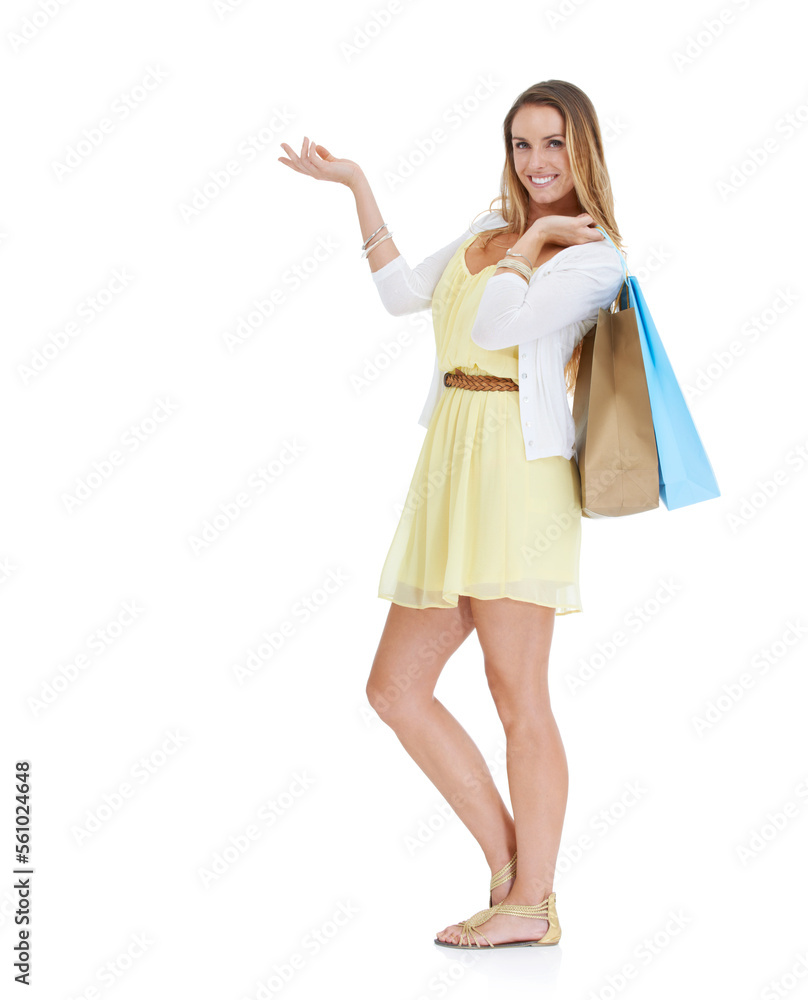 Shopping bag, studio and woman with space gesture for marketing or advertising sale mockup. Shopping, brand and customer show hand sign of summer deal or fashion discount isolated on white background Shopping bag, studio and woman with space gesture for marketing or advertising sale mockup. Shopping, brand and customer show hand sign of summer deal or fashion discount isolated on white background