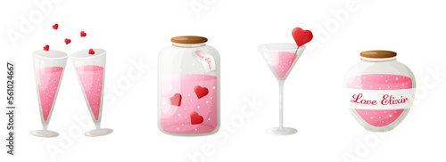 set of cartoon stickers for valentine's day. illustration with glasses and jars with love elixir