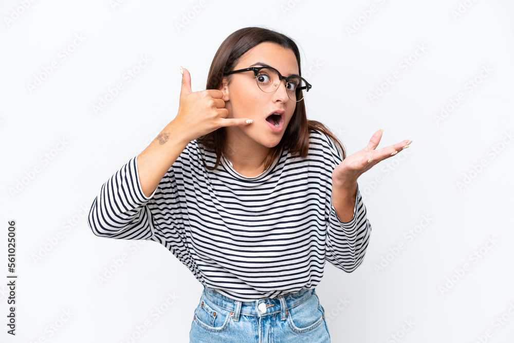 Young caucasian woman isolated on white background making phone gesture and doubting Young caucasian woman isolated on white background making phone gesture and doubting