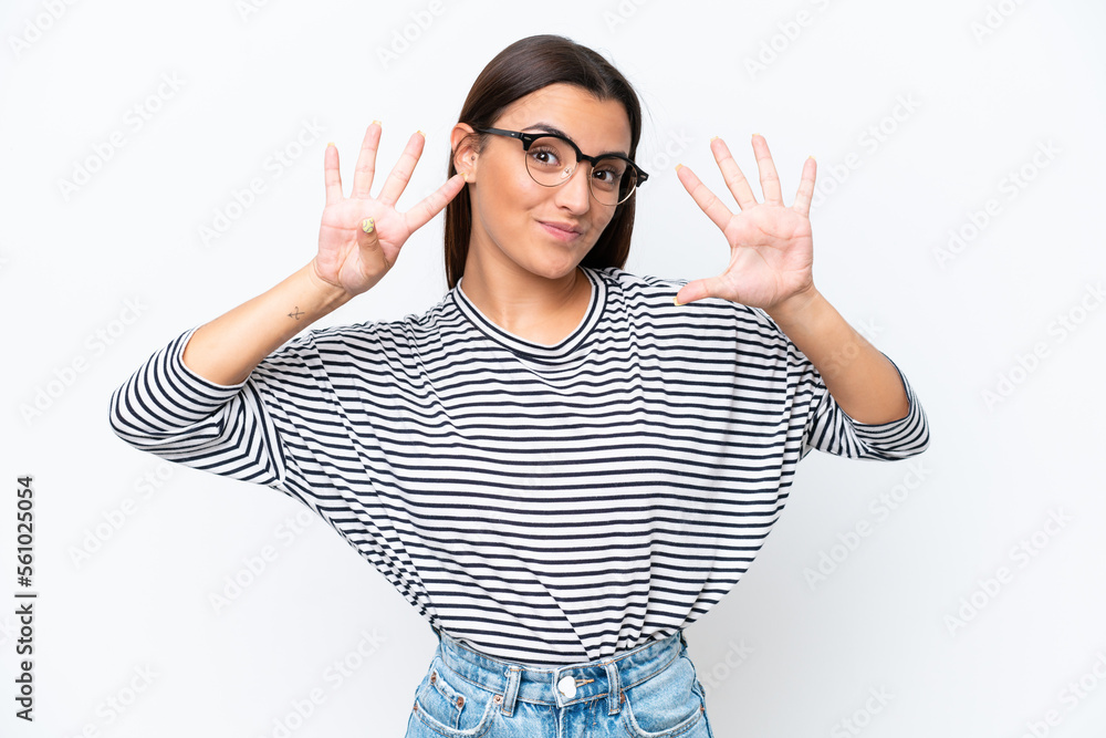 Young caucasian woman isolated on white background counting nine with fingers Young caucasian woman isolated on white background counting nine with fingers