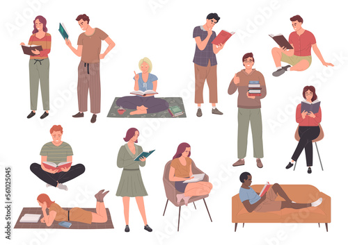 People reading books or students studying and preparing for examination set. Literature fans flat illustration.