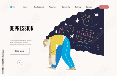 Mental disorders web template. Depression - modern flat vector illustration of tired man suffering under the weight of problems and obligations. People emotional, psychological, mental traumas concept