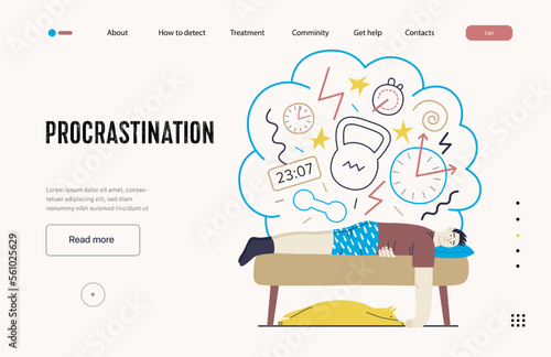 Mental disorders web template. Procrastination - modern flat vector illustration of man suffering under the weight of problems and obligations. People emotional, psychological, mental traumas concept