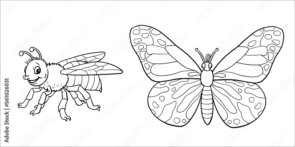 Cute bee and butterfly to color in. Vector template for a coloring book