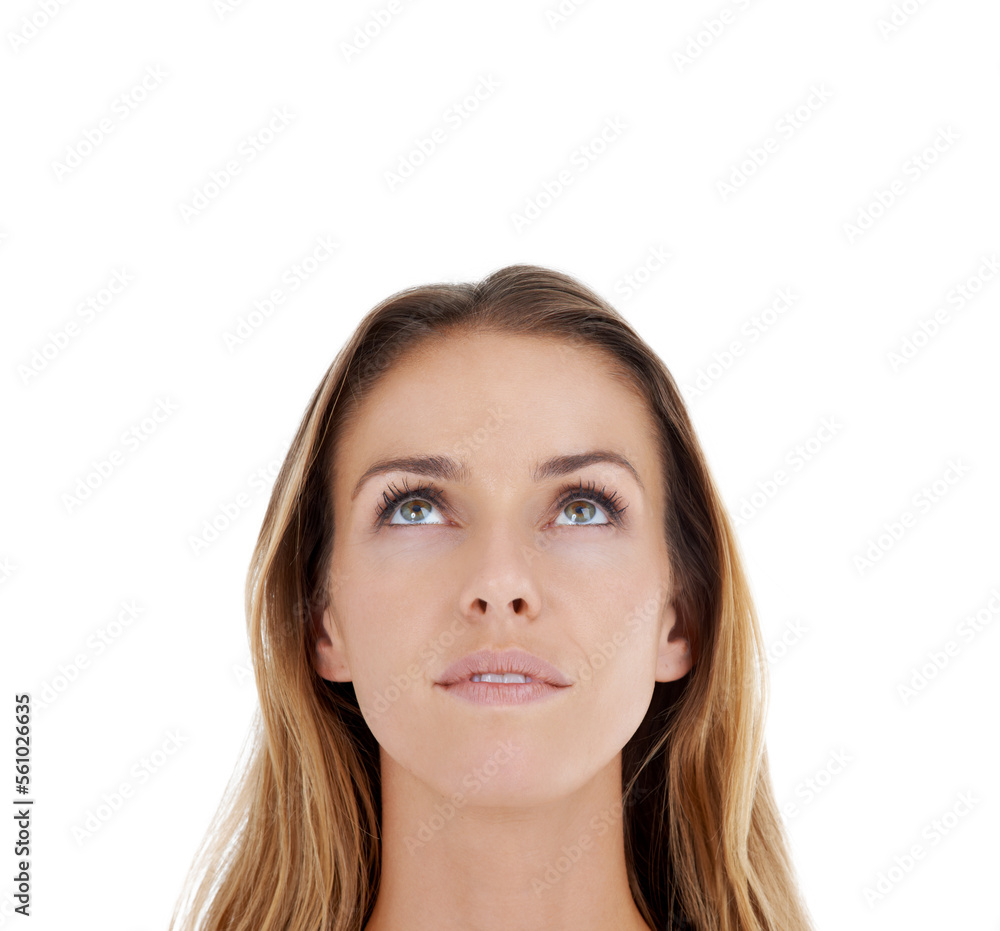 Idea, young woman and thinking above of model with, planning and thoughtful ideas and mock up. Beautiful female face think isolated looking up with white background and person in studio copyspace Idea, young woman and thinking above of model with, planning and thoughtful ideas and mock up. Beautiful female face think isolated looking up with white background and person in studio copyspace